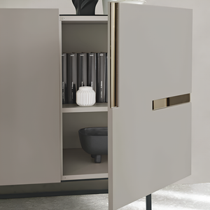 Madia moderna 160x89h in legno tortora 3 ante top e inserti in vetro bronzo con base slitta in metallo nero - Girona
