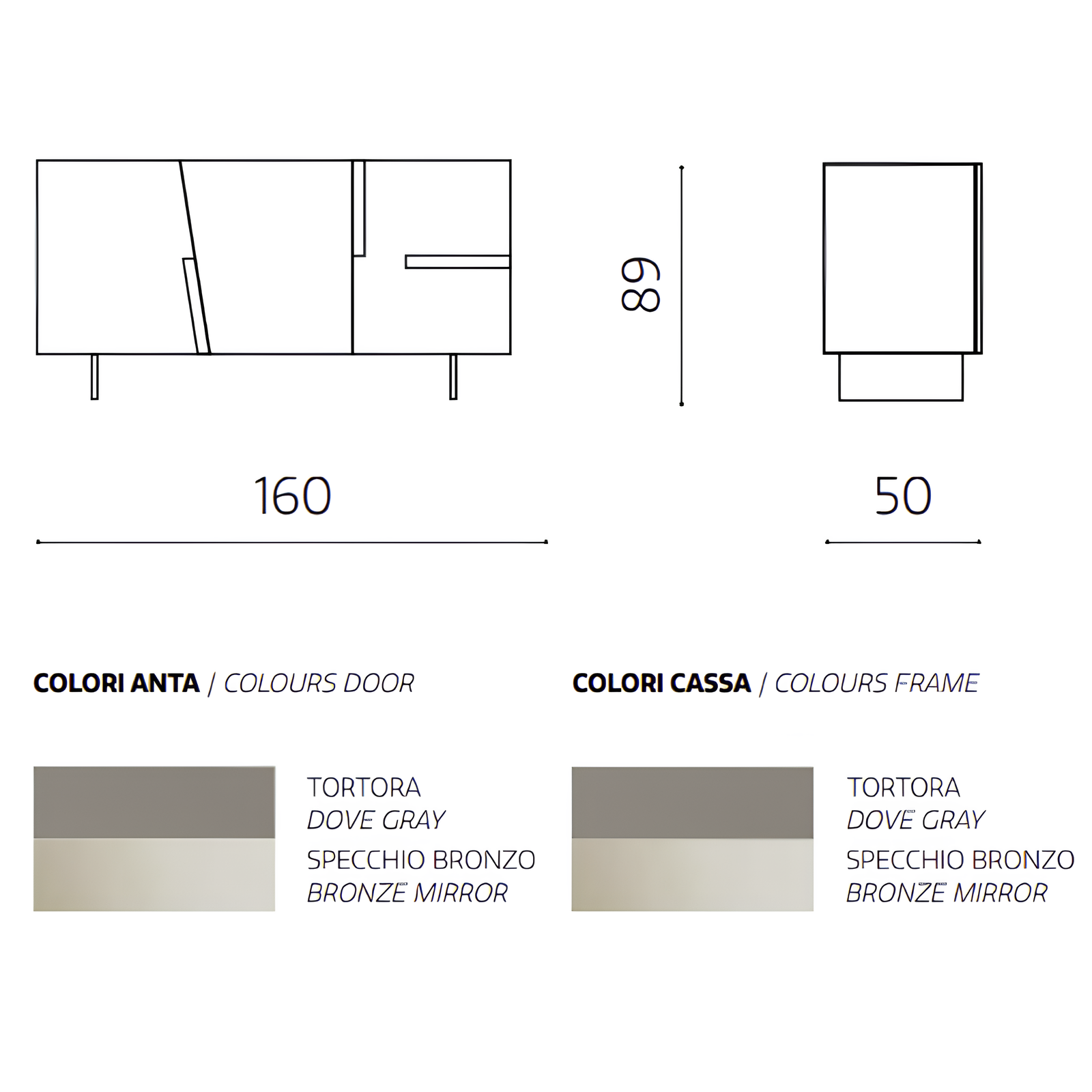 Madia moderna 160x89h in legno tortora 3 ante top e inserti in vetro bronzo con base traverso in metallo nero - Girona