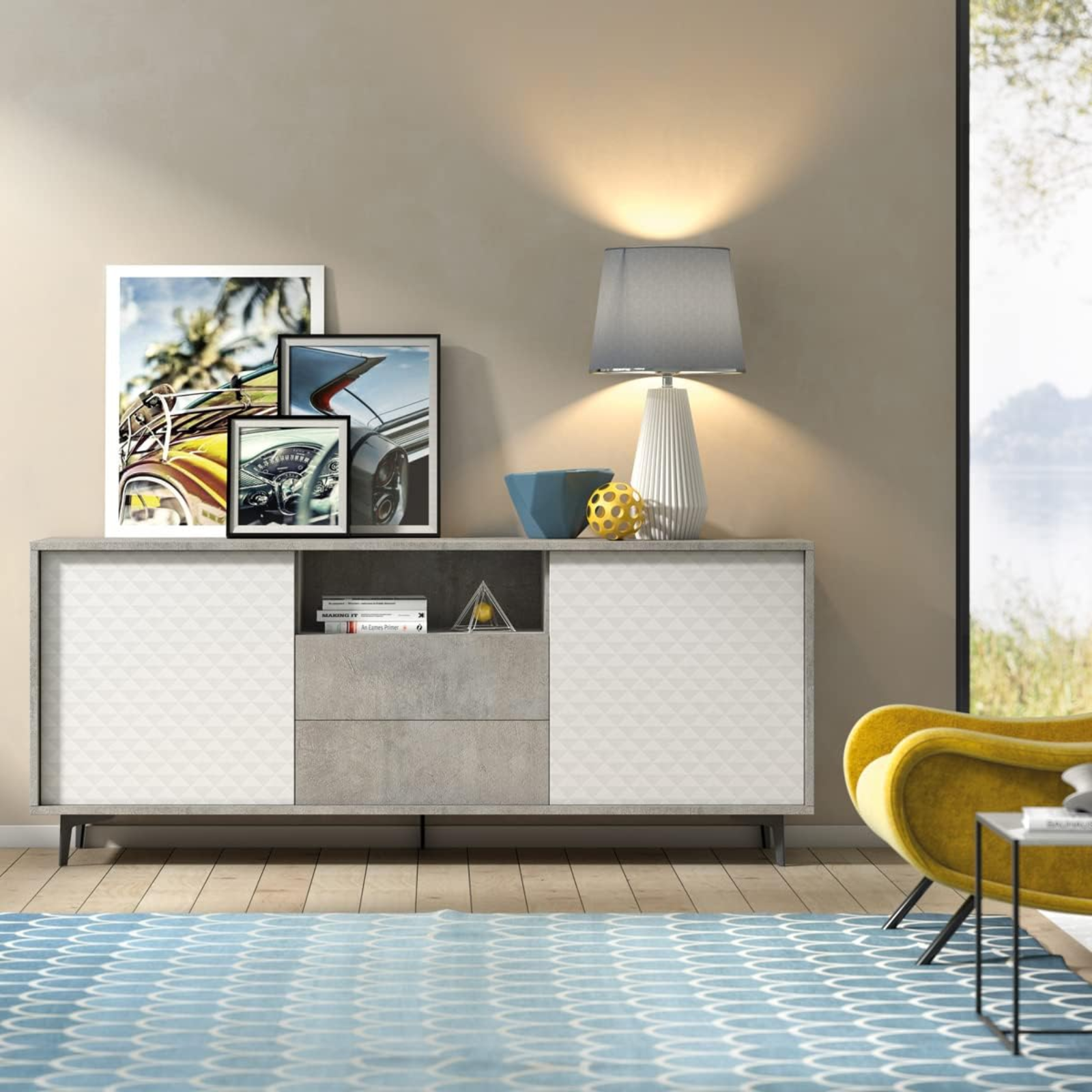 Madia moderna struttura beton con 2 ante finitura 3D bianco e 2 cassetti - Nova
