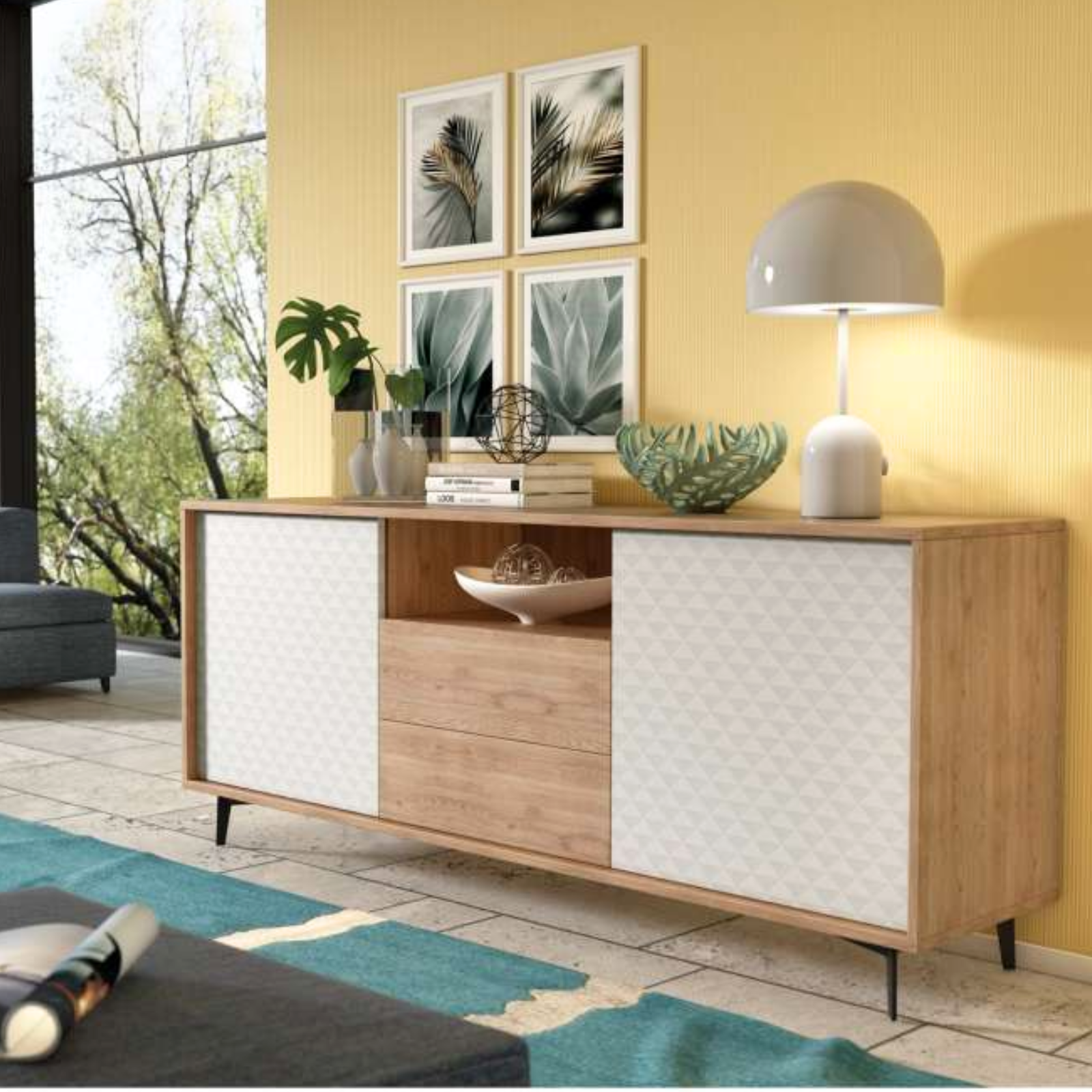 Madia moderna struttura rovere con 2 ante finitura 3D bianco e 2 cassetti - Nova