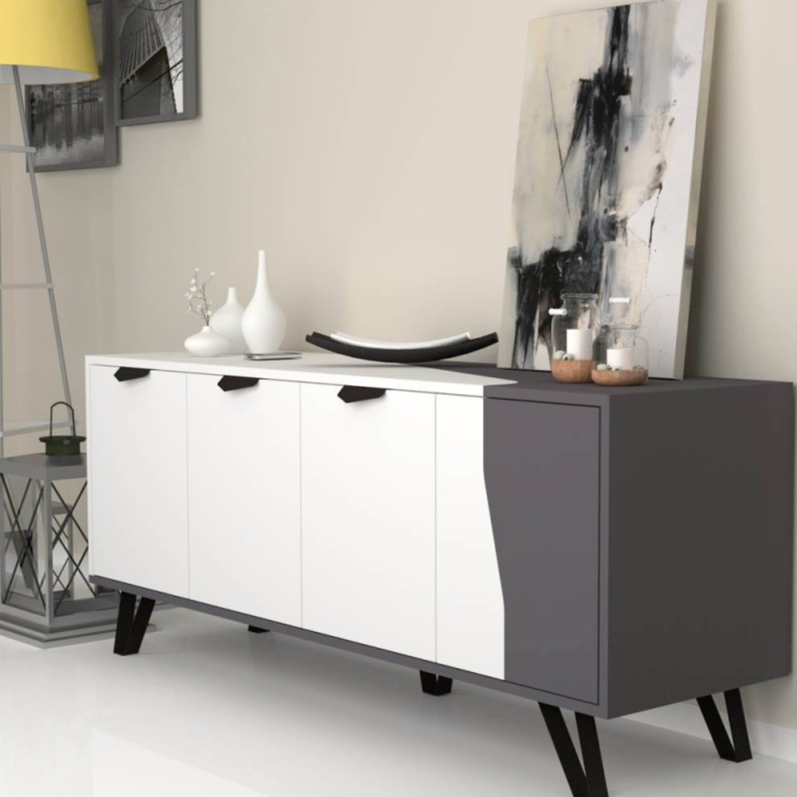 Madia design moderno in legno multiuso per soggiorno con 4 ante e ripiani interni