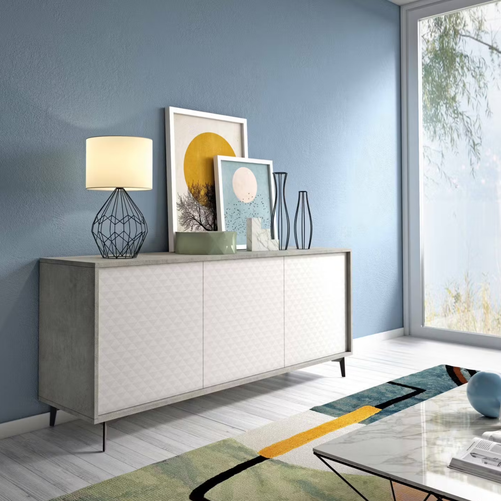 Madia moderna struttura beton 3 ante con finitura effetto 3D bianco - Nova Plus