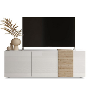 Madia porta tv con 3 ante battenti e 6 ripiani interni struttura in legno color bianco lucido e rovere