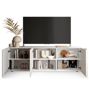 Madia porta tv con 3 ante battenti e 6 ripiani interni struttura in legno color bianco lucido e rovere