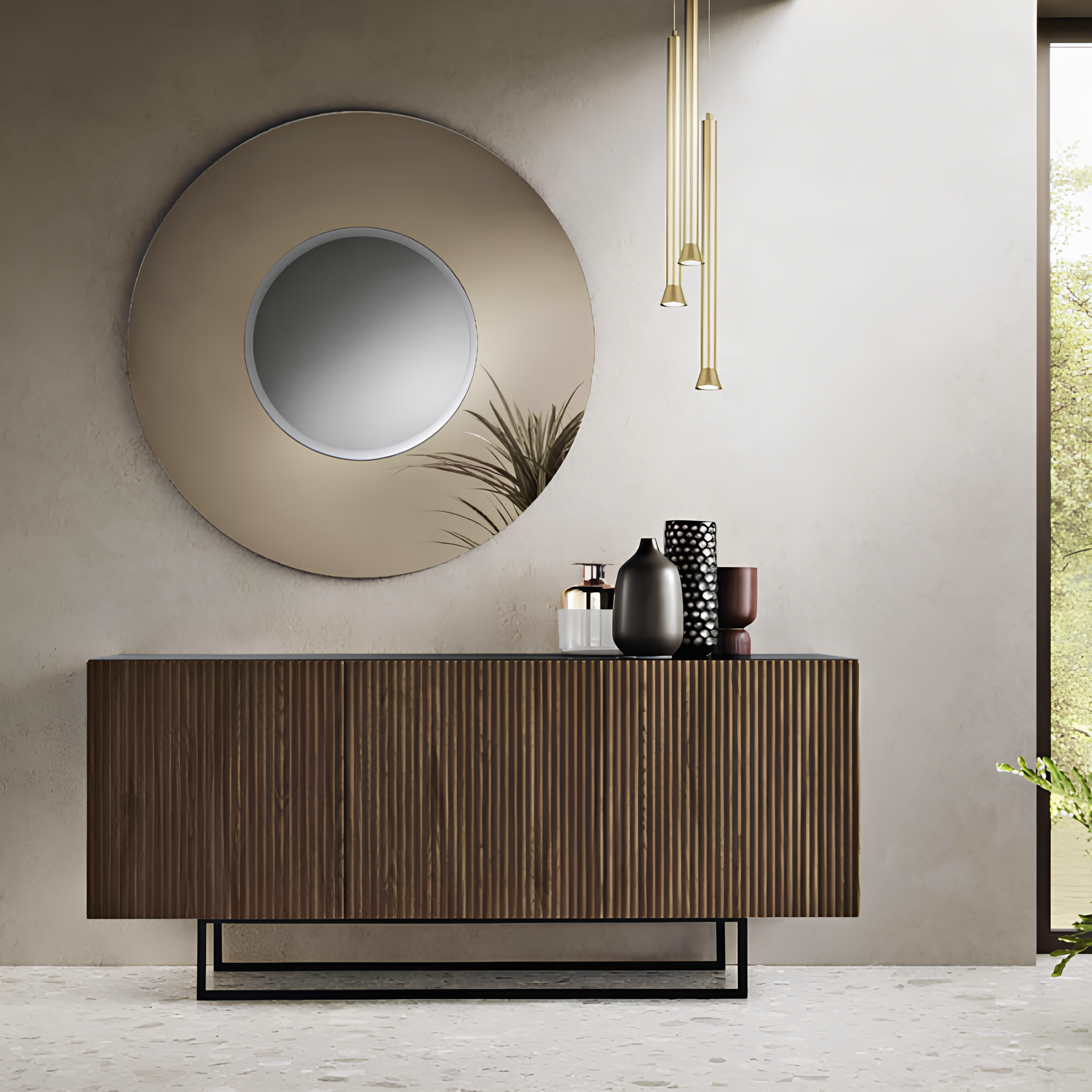 Madia 180x80h con 3 ante in legno color antracite e rovere chiaro con base slitta in metallo nero - Vittoria