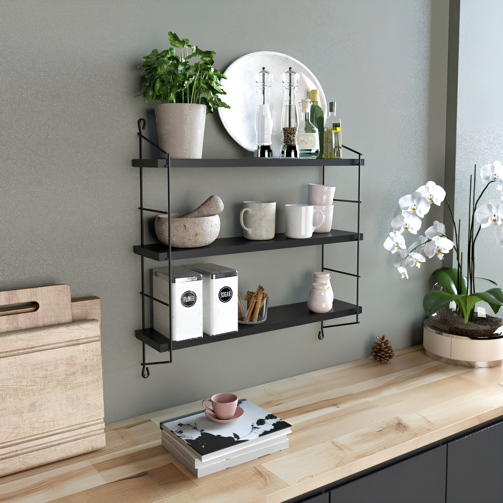 Mensola da parete design moderno struttura in acciaio nero e 3 ripiani in legno - Neeli