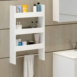 Mensola da parete in legno bianco con 3 ripiani e 1 barra appendi utensili - Alisa