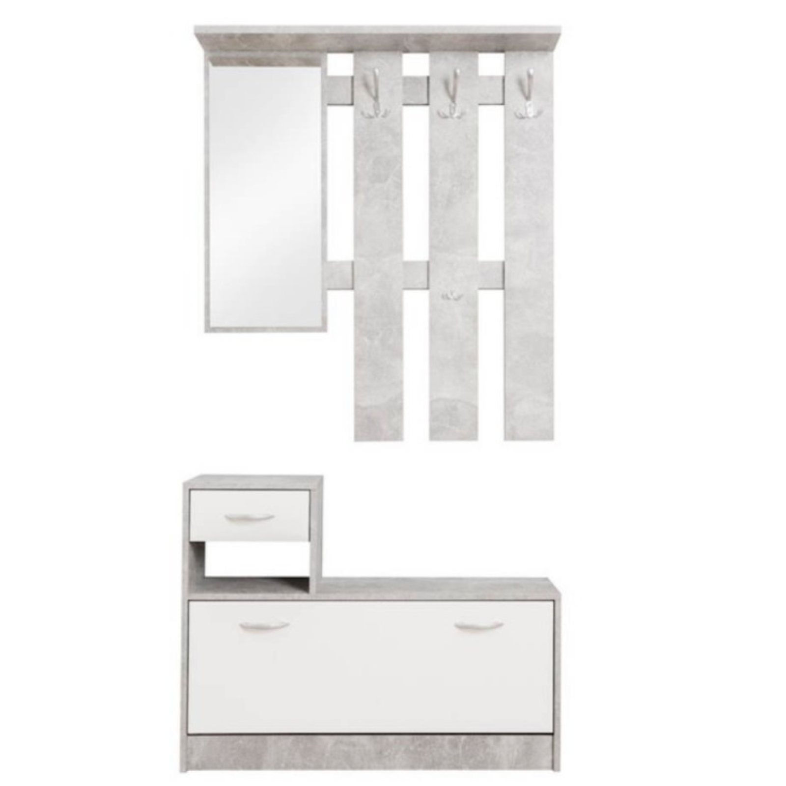 Mobile ingresso "Rudol" con specchio 4 ganci appendiabiti e scarpiera color bianco e grigio