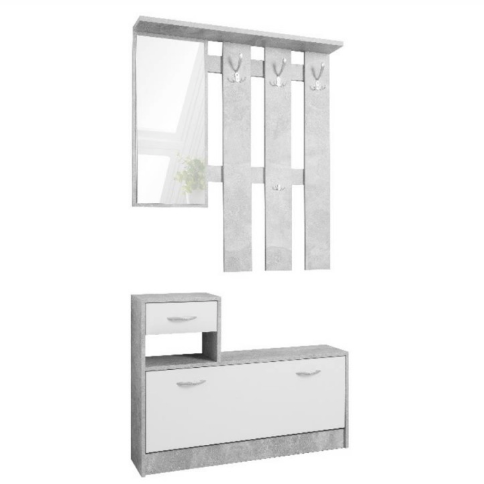 Mobile ingresso "Rudol" con specchio 4 ganci appendiabiti e scarpiera color bianco e grigio