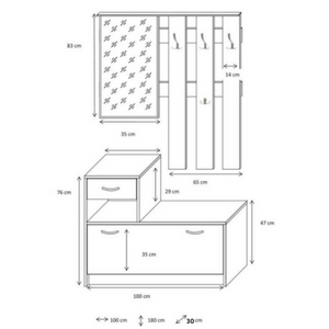 Mobile ingresso "Rudol" con specchio 4 ganci appendiabiti e scarpiera color bianco e grigio