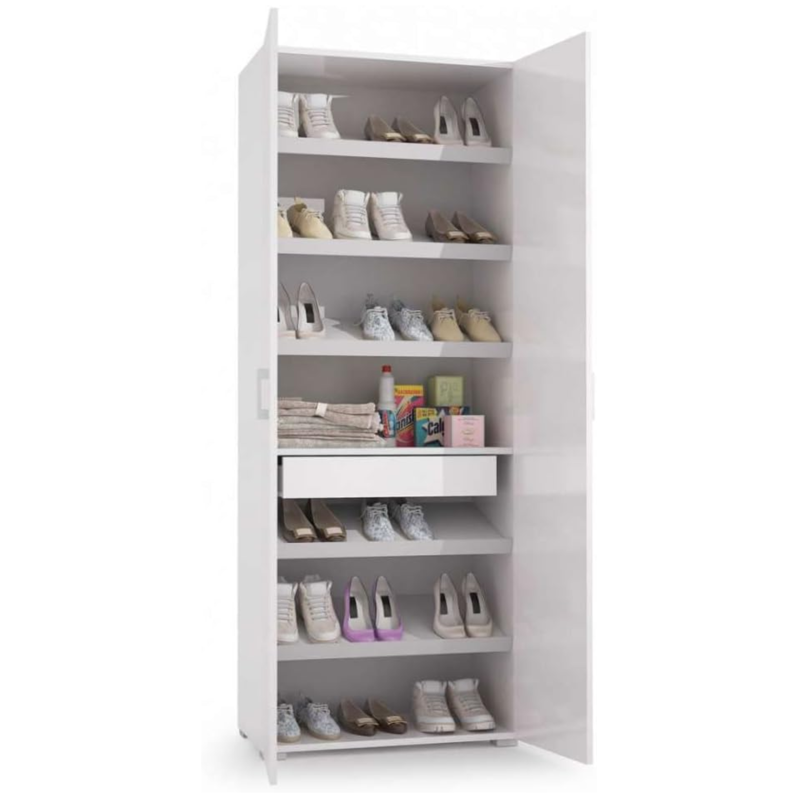 Armadio multiuso in legno bianco 2 ante 6 ripiani e 1 cassetto scorrevole design moderno - Exti