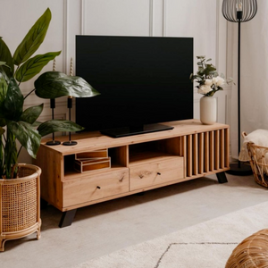 Mobile porta Tv design moderno con ante,cassetti e vani a giorno e passacavi color rovere e antracite