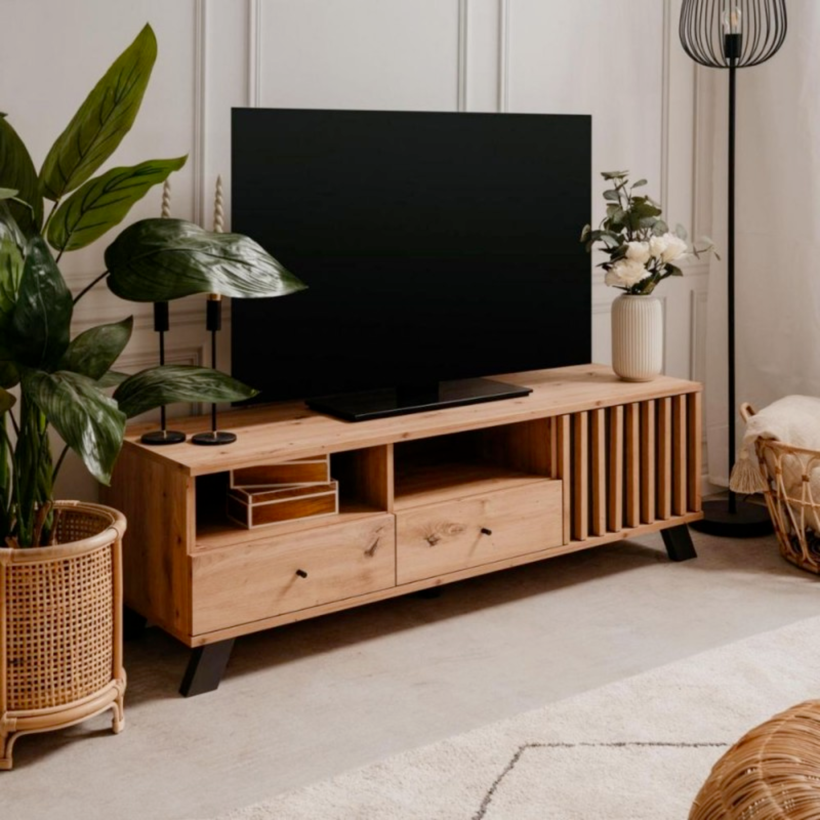 Mobile porta Tv design moderno con ante,cassetti e vani a giorno e passacavi color rovere e antracite