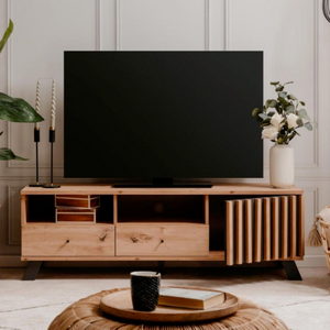 Mobile porta Tv design moderno con ante,cassetti e vani a giorno e passacavi color rovere e antracite