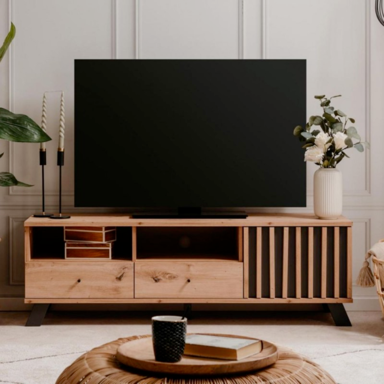 Mobile porta Tv design moderno con ante,cassetti e vani a giorno e passacavi color rovere e antracite