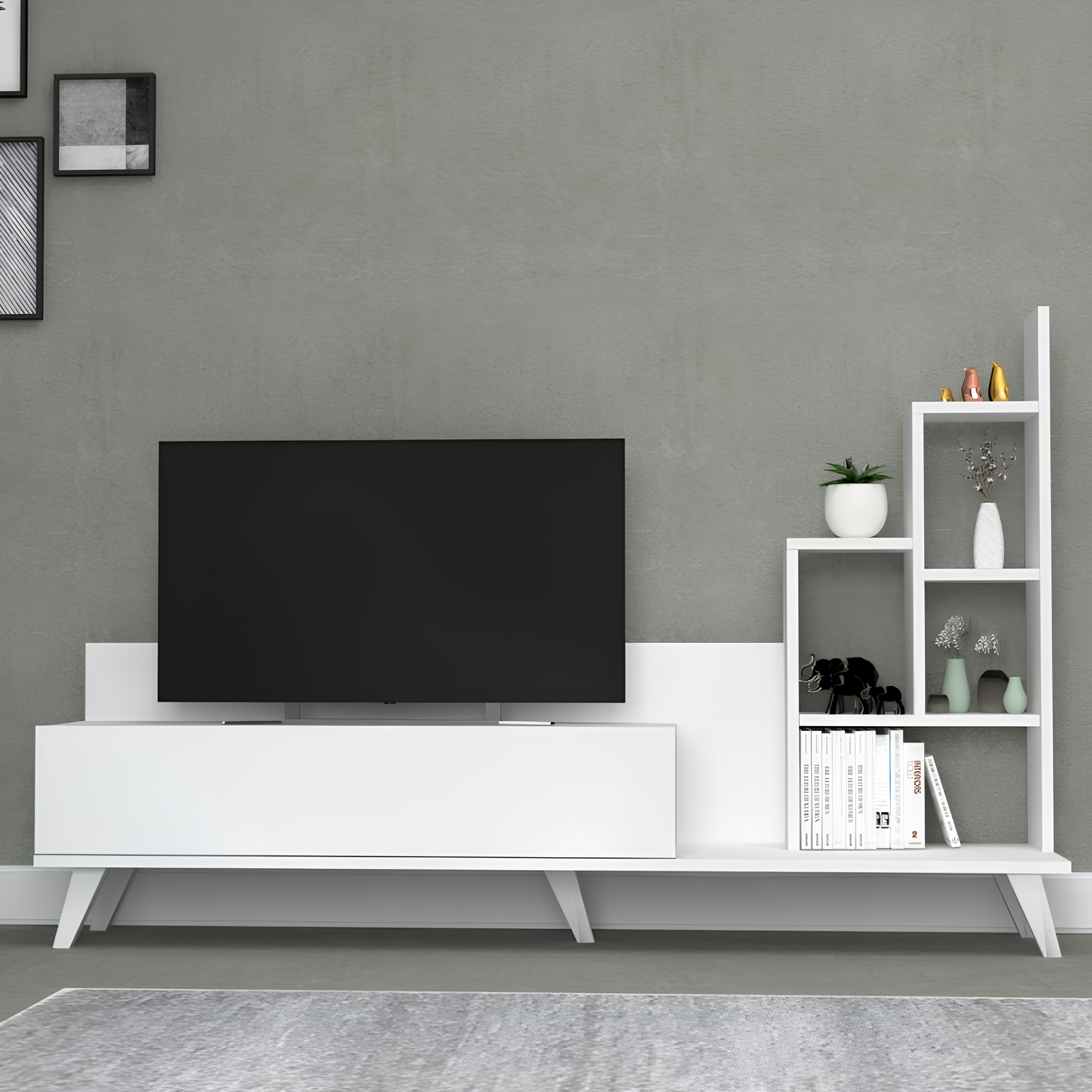 Mobile Porta Tv design moderno con libreria laterale bianco in truciolare rivestito - Binga