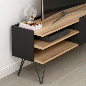 Mobile Porta tv Nero e Rovere design moderno con 1 anta a ribalta e vano a giorno