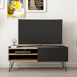 Mobile Porta tv Nero e Rovere design moderno con 1 anta a ribalta e vano a giorno