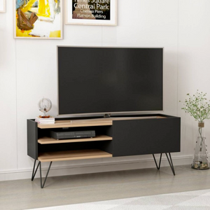 Mobile Porta tv Nero e Rovere design moderno con 1 anta a ribalta e vano a giorno