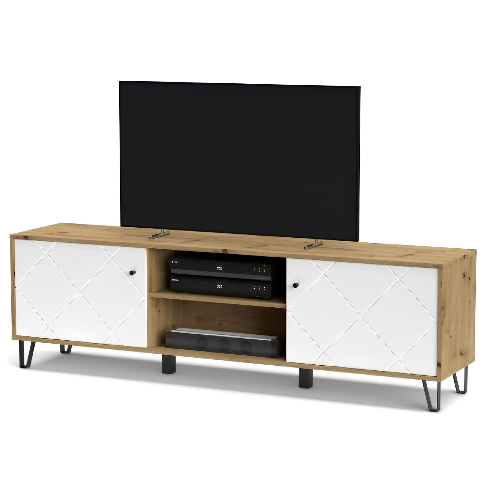 Mobile Porta tv design moderno con ante design geometrico e ripiani rovere e bianco - Bolli