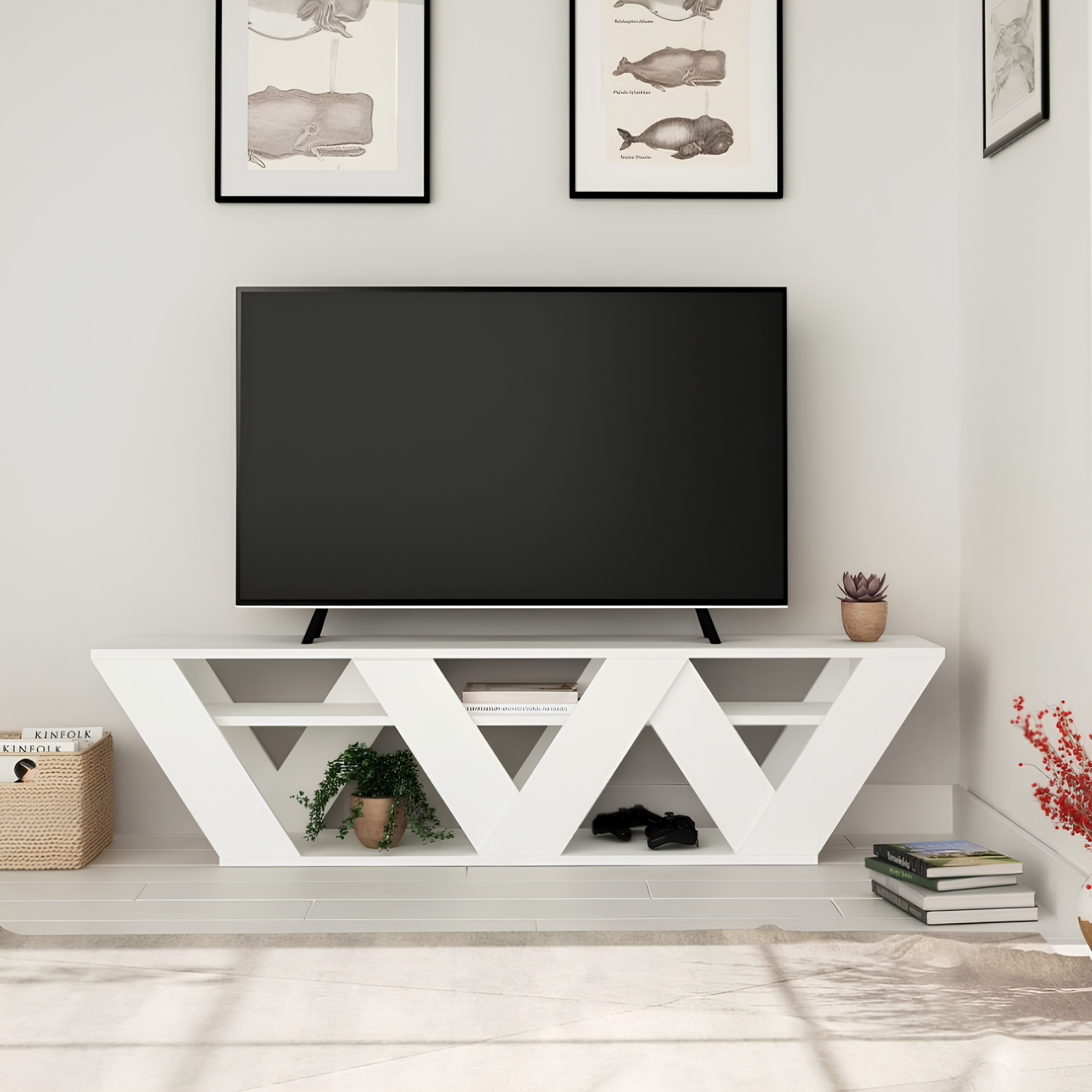 Mobile Porta Tv bianco design moderno a V con 1 ripiano intermedio - Ralla