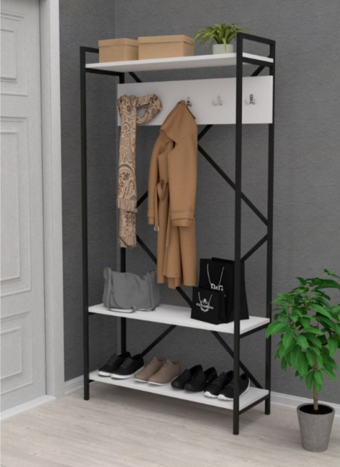 Mobile ingresso appendiabiti e portascarpe "Navis" con struttura in metallo e legno