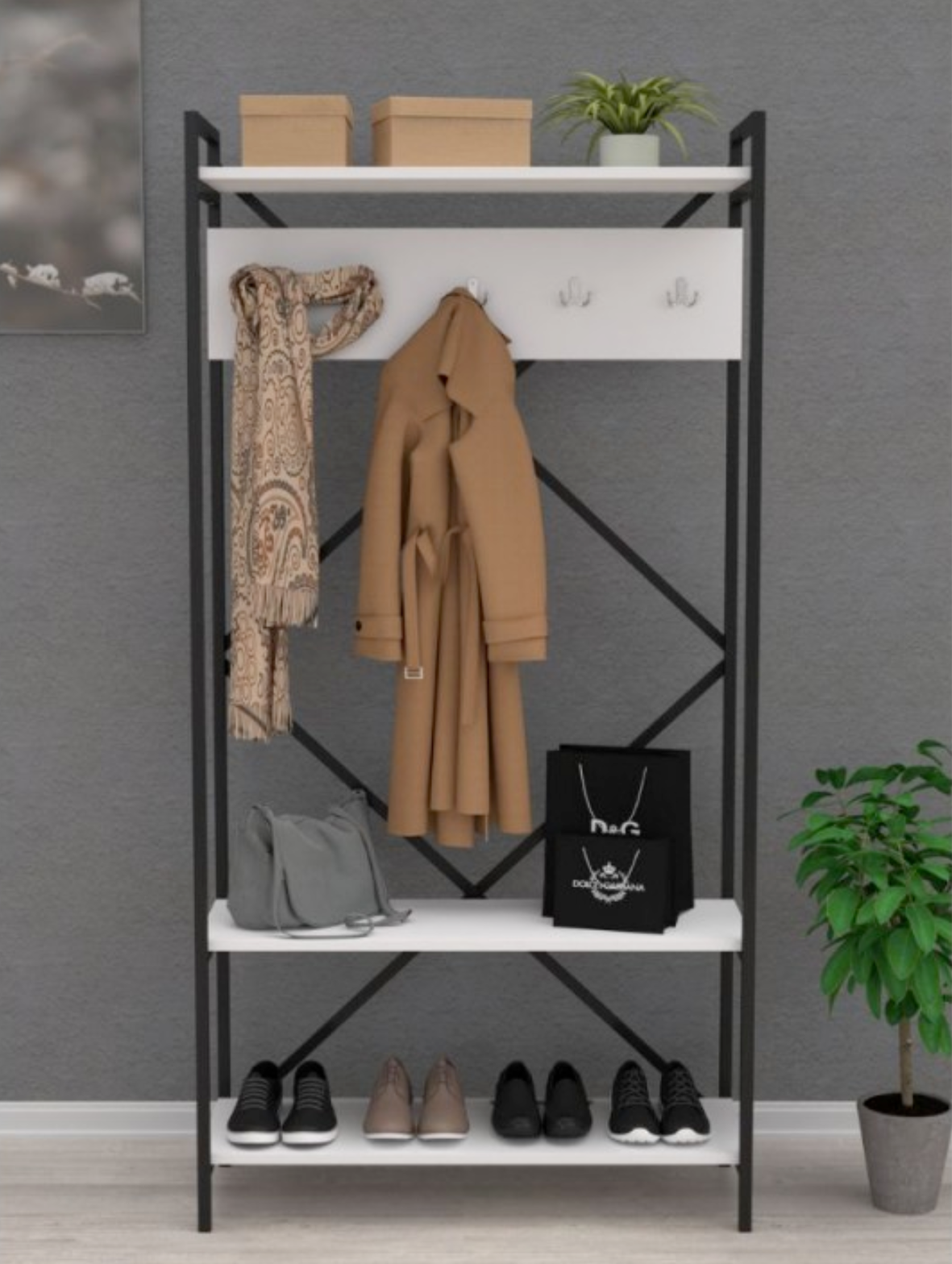 Mobile ingresso appendiabiti e portascarpe "Navis" con struttura in metallo e legno