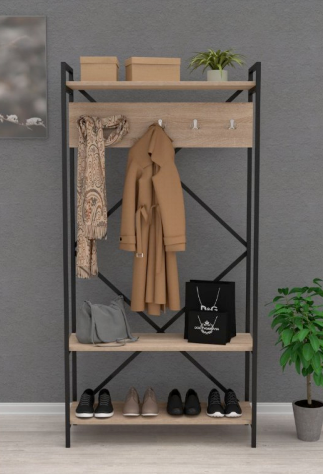 Mobile ingresso appendiabiti e portascarpe "Navis" con struttura in metallo nero e legno color rovere