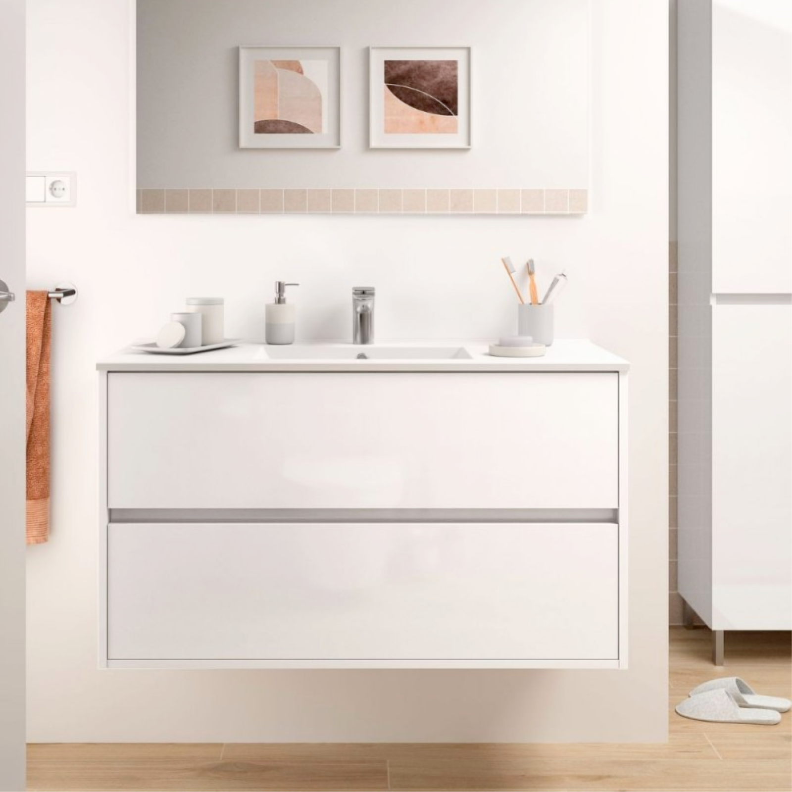 Mobile bagno sospeso con 2 cassetti e lavabo in porcellana - Claros