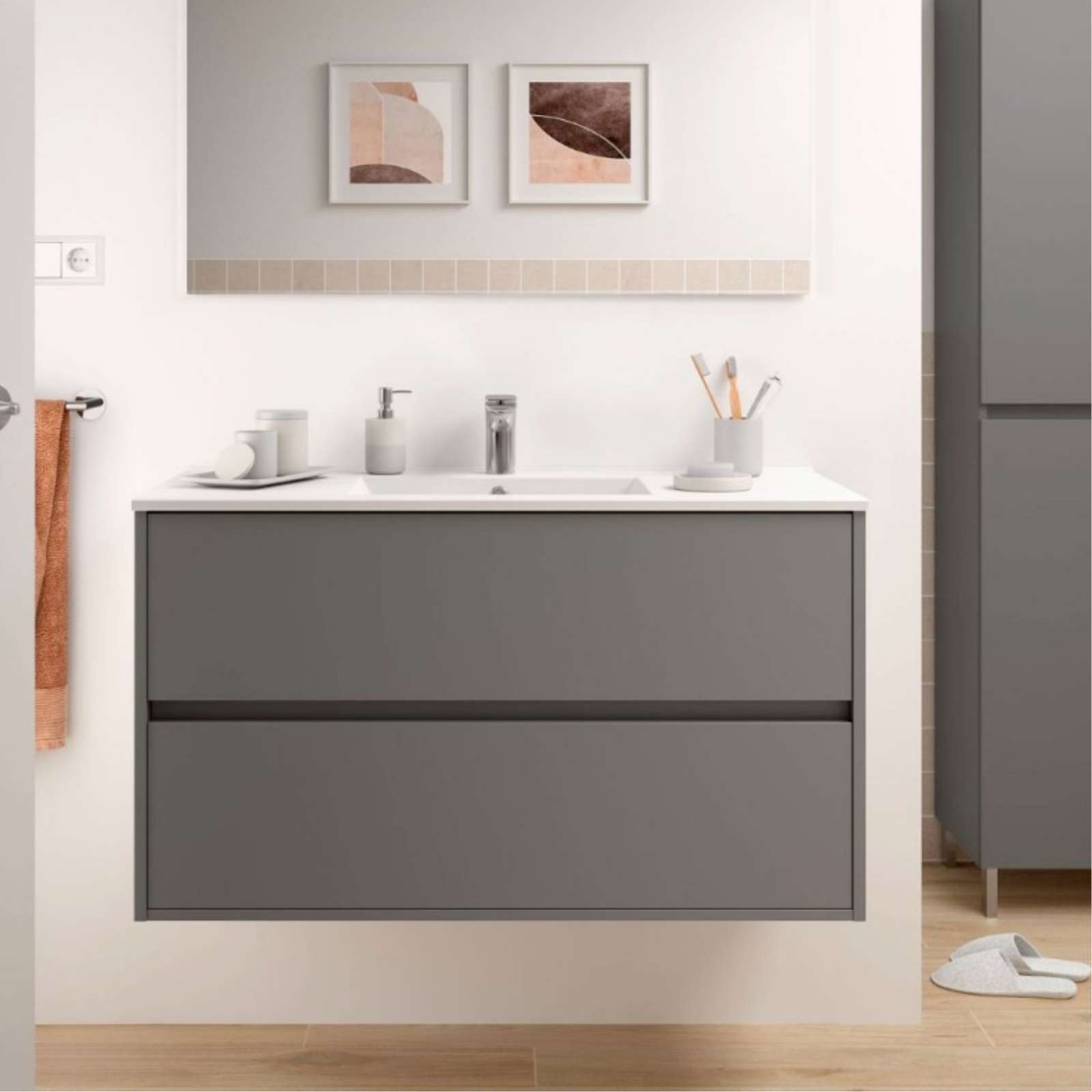 Mobile bagno sospeso grigio opaco con 2 cassetti e lavabo in porcellana - Claros