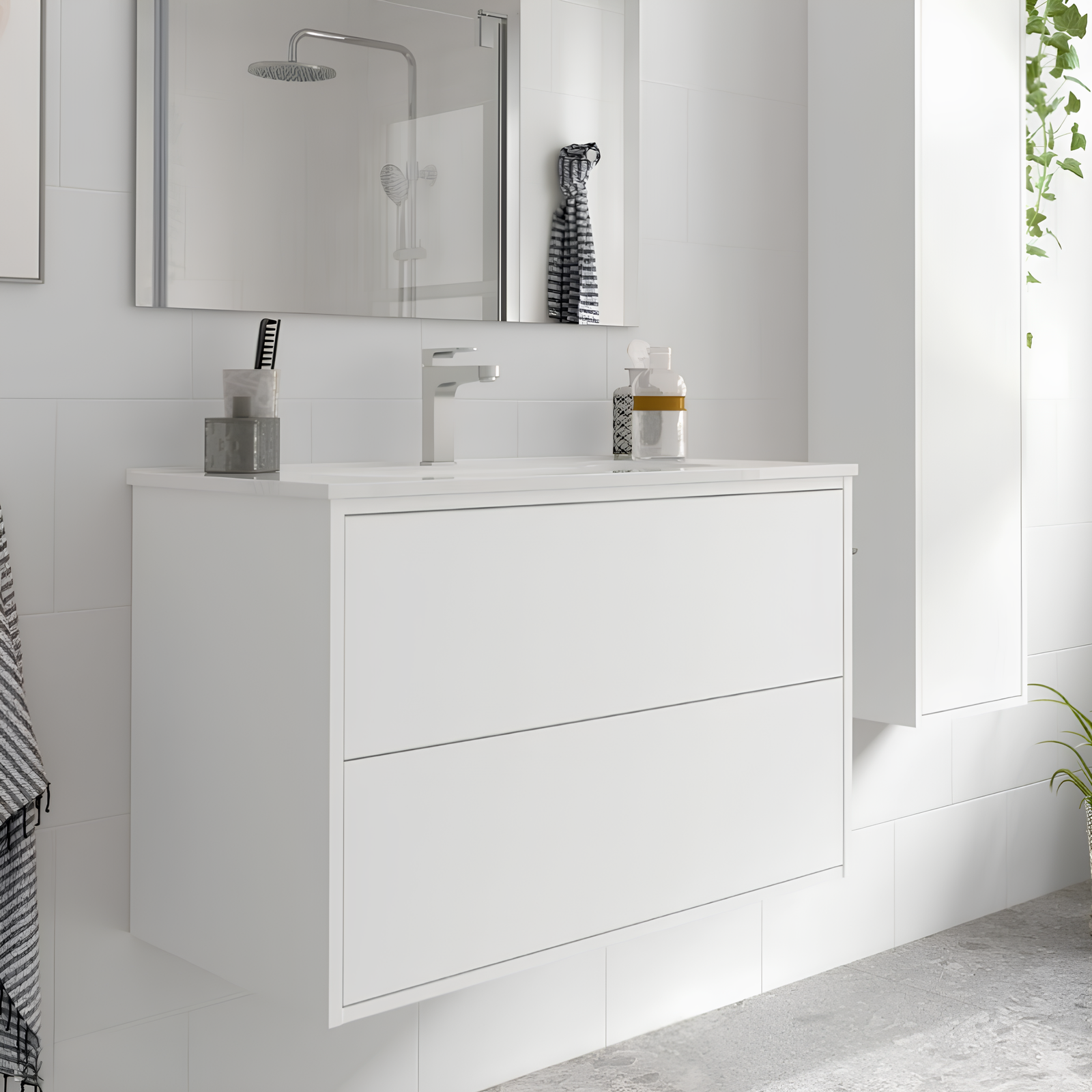 Mobile da bagno sospeso Bianco Opaco con 2 cassetti e lavabo in porcellana 80 cm - Mango