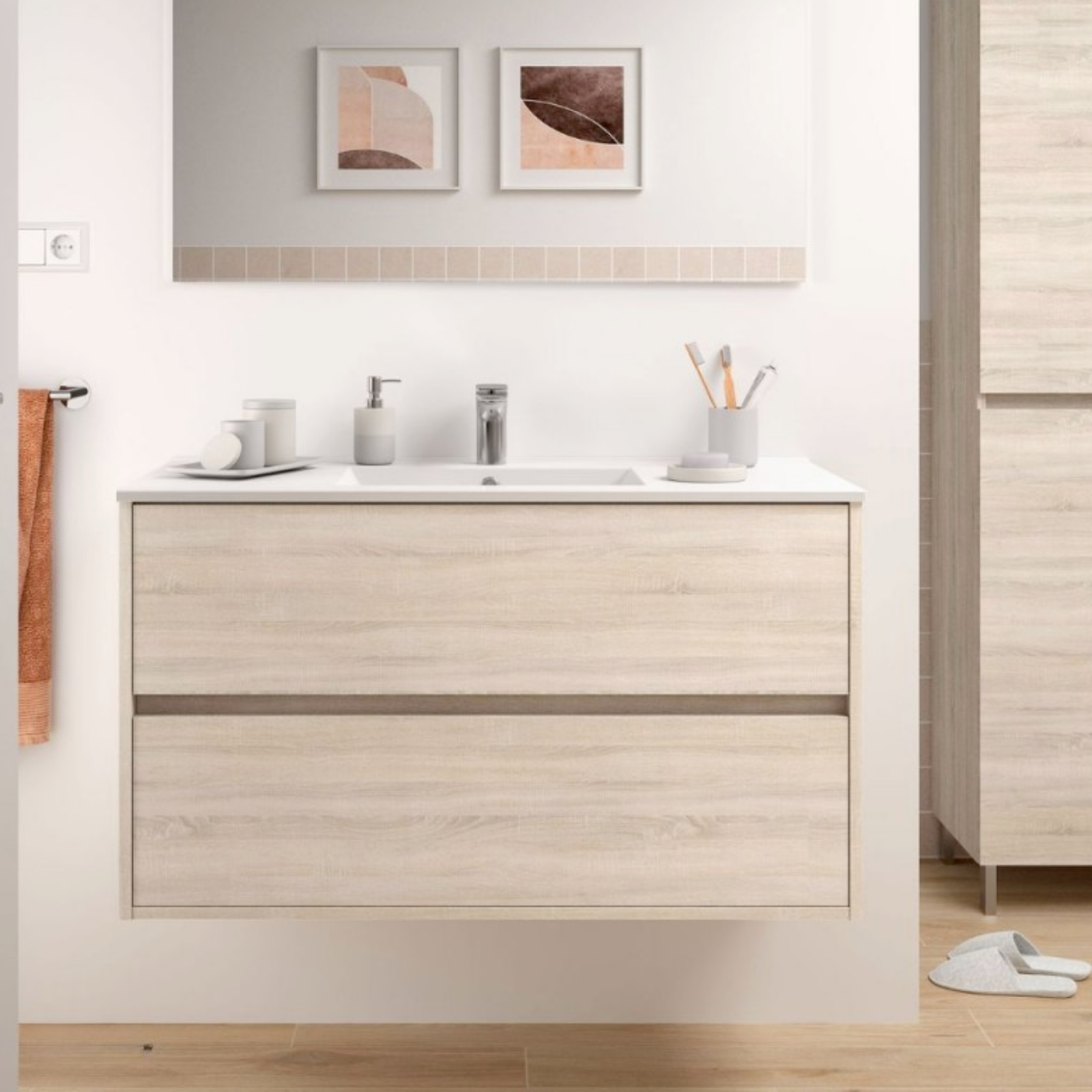 Mobile bagno sospeso con 2 cassetti e lavabo in porcellana - Claros