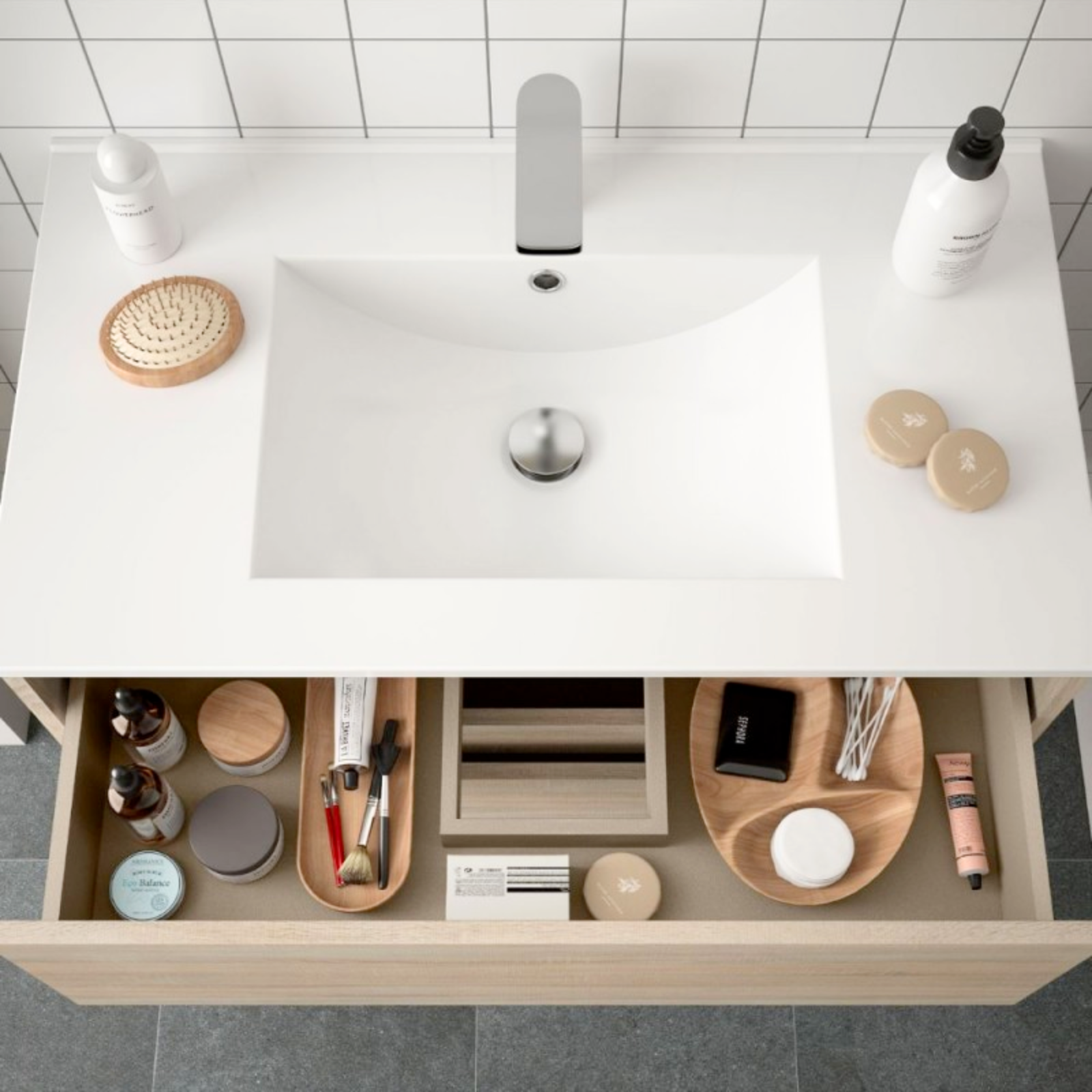 Mobile bagno sospeso con 2 cassetti e lavabo in porcellana - Claros