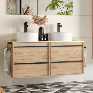 Mobile da bagno sospeso con 4 cassetti e doppio lavabo in porcellana 120 cm - Nua