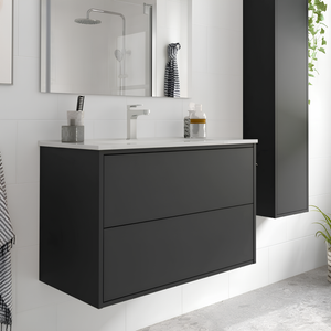 Mobile da bagno sospeso nero opaco con 2 cassetti e lavabo in porcellana 80 cm - Mango