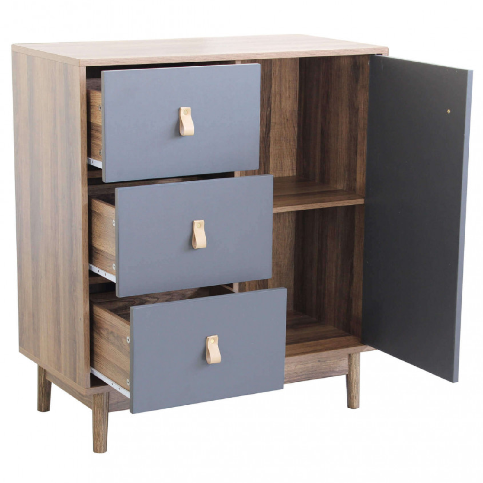 Mobile multiuso in legno 1 anta e 3 cassetti design moderno marrone e grigio - Jon
