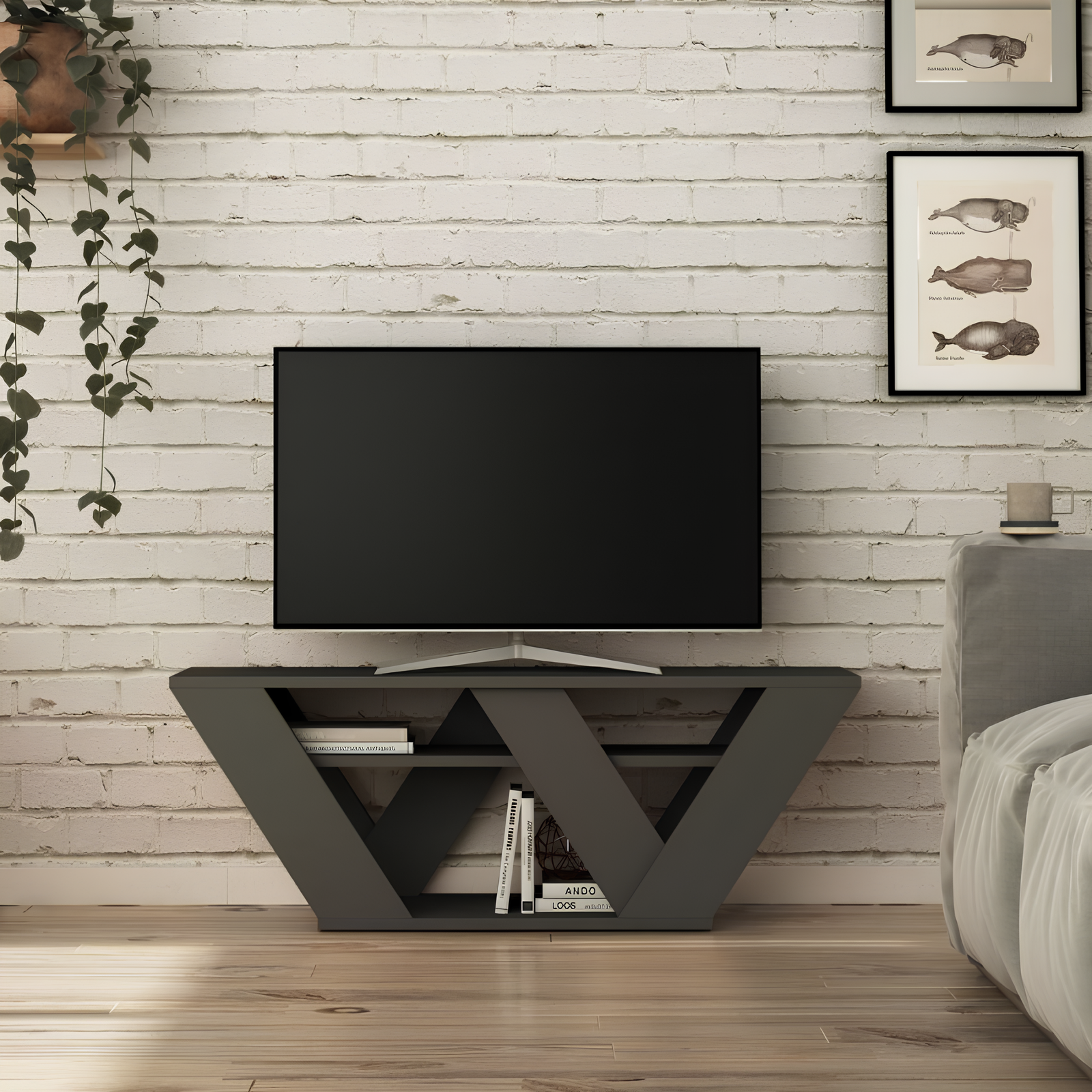 Mobile Porta Tv antracite design moderno a V con 1 ripiano intermedio - Ralla