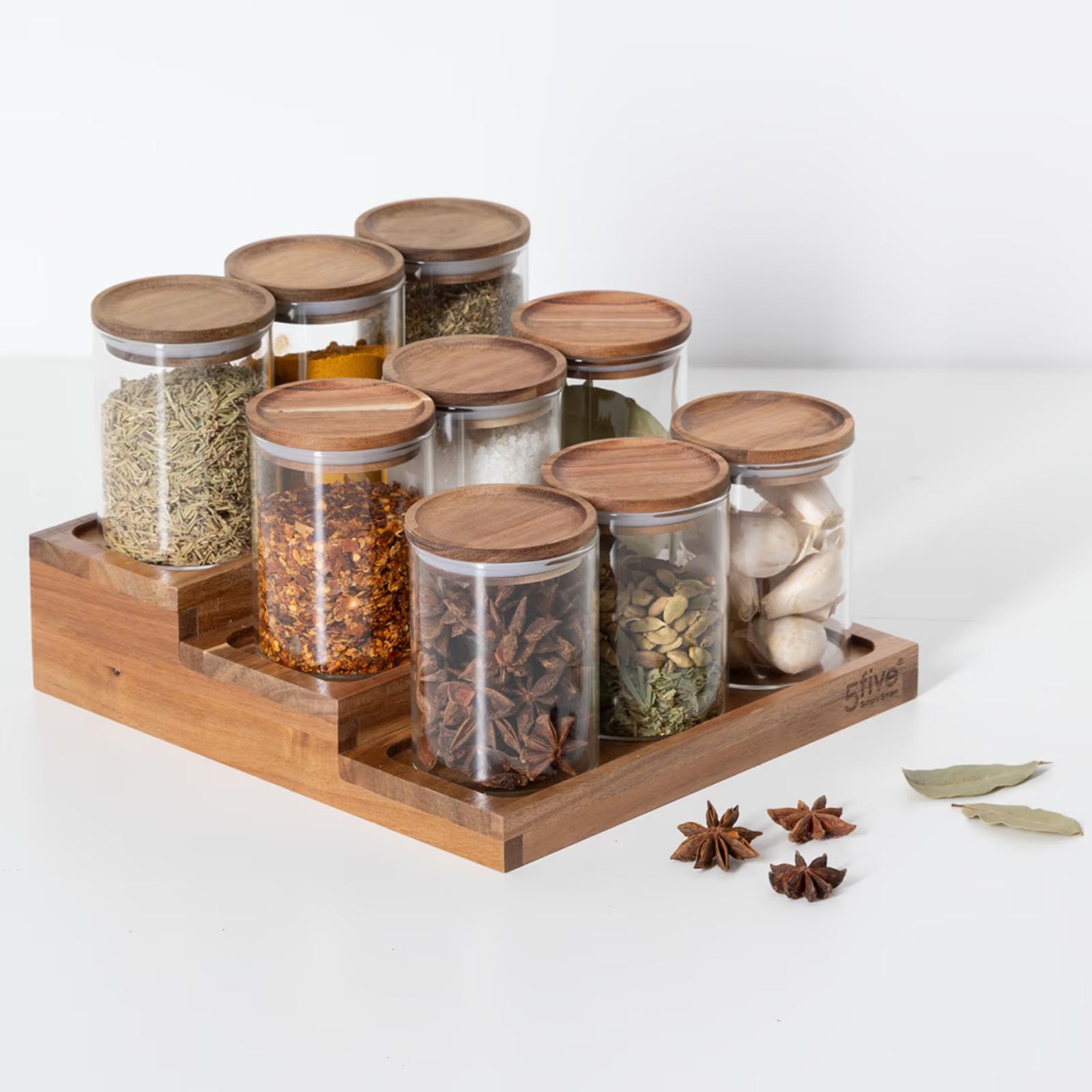 Organizer per spezie set 9 barattoli in vetro e legno di acacia - Armon