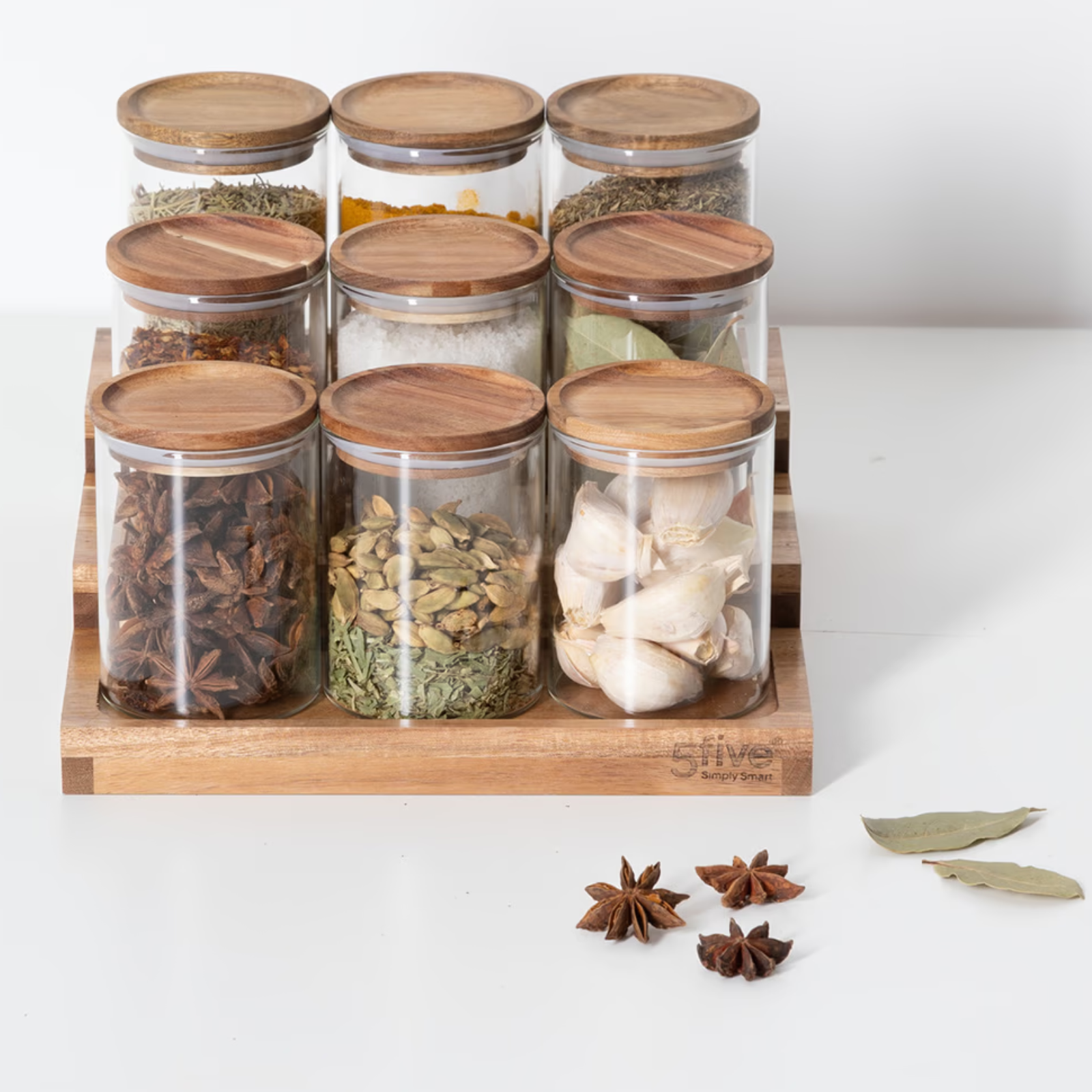 Organizer per spezie set 9 barattoli in vetro e legno di acacia - Armon