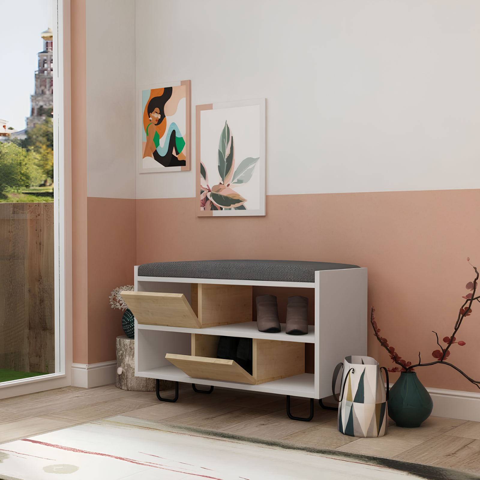 Panca Scarpiera design moderno con 2 ante a ribalta rovere e 4 vani a giorno bianco - Tronny