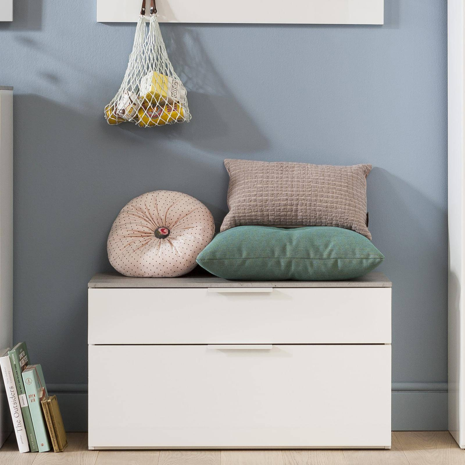 Panca contenitore doppio cassetto "Galaver" in nobilitato truciolare rivestito bianca e cemento effetto finitura legno