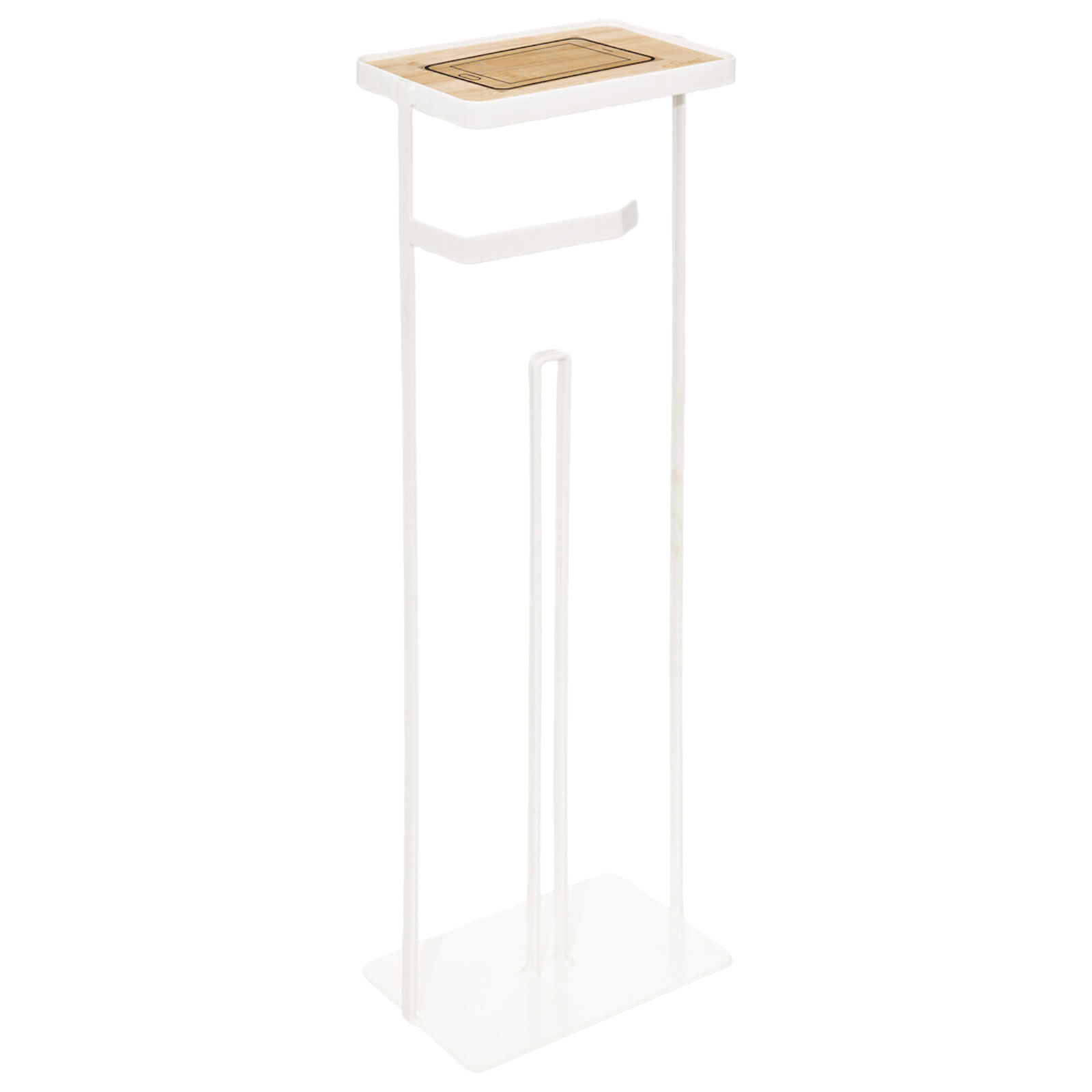 Piantana da bagno porta rotolo e porta cellulare con struttura in metallo e ripiano in legno bamboo