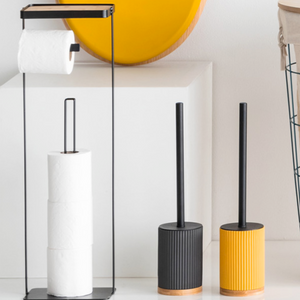 Piantana da bagno porta rotolo e porta cellulare con struttura in metallo e ripiano in legno bamboo