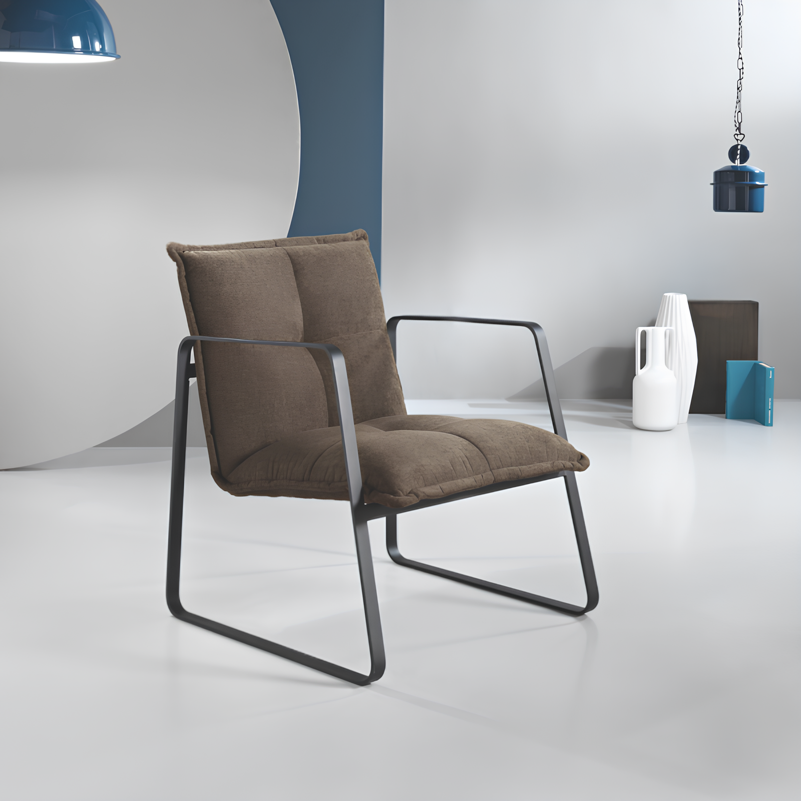 Poltrona da soggiorno design moderno in tessuto marrone con struttura in metallo nero - Fabia