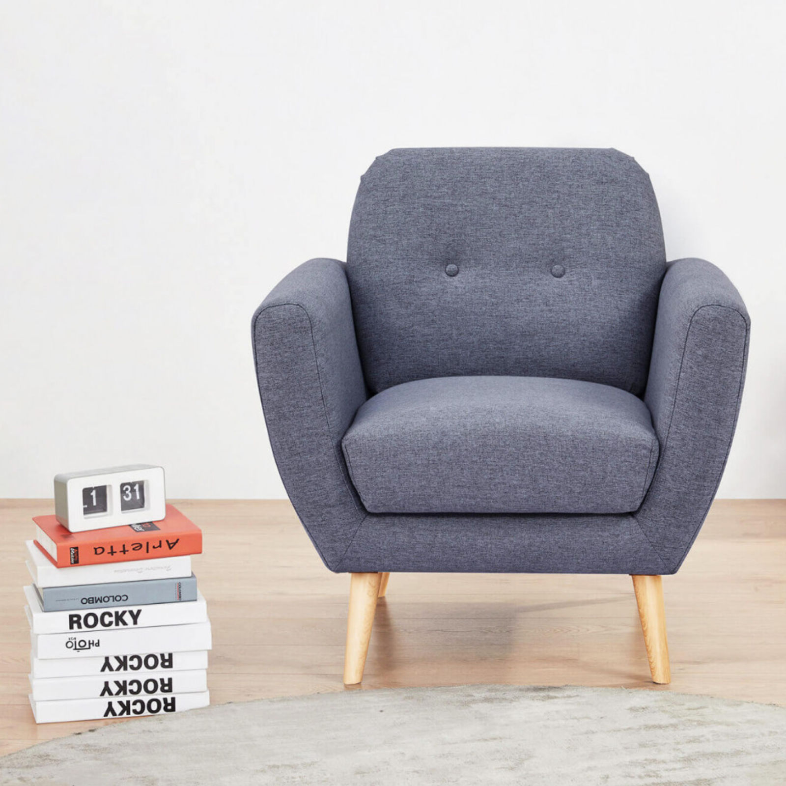 Poltrona in tessuto grigio scuro design moderno gambe in polipropilene effetto legno - Burto