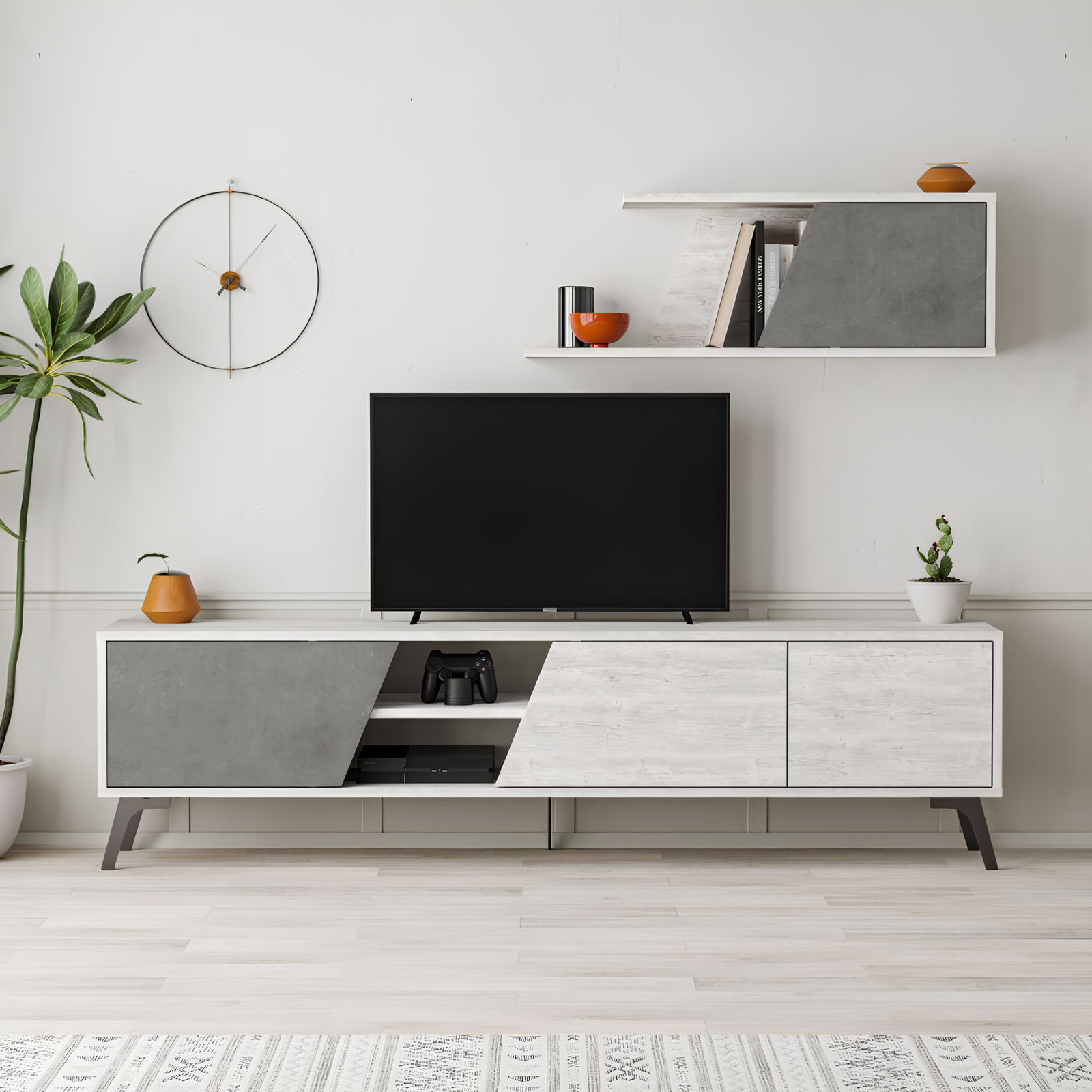 Mobile Porta Tv design moderno in legno con gambe in metallo Bianco vintage e retro grey - Fiona