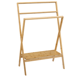 Porta asciugamani in legno bamboo da terra con 2 aste e 1 ripiano inferiore