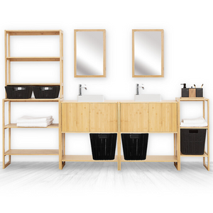 Porta asciugamani in legno bamboo da terra con 2 aste e 1 ripiano inferiore