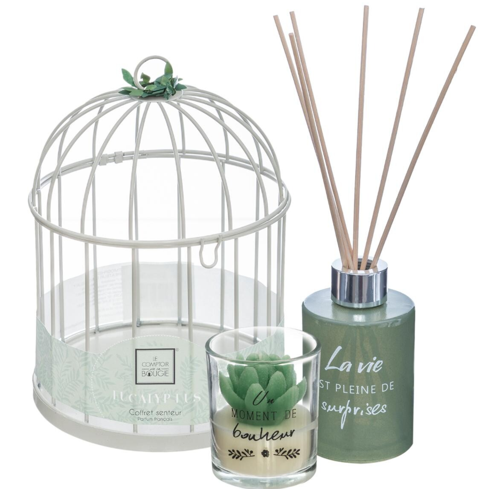 Profumatore per ambiente eucalipto con gabbia in metallo e candela in vetro - Zen 