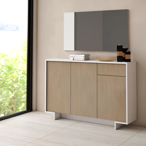 Madia da soggiorno 134 cm moderna struttura bianco con 3 ante e 1 cassetto cannetè chiaro texture 3D - Zoom